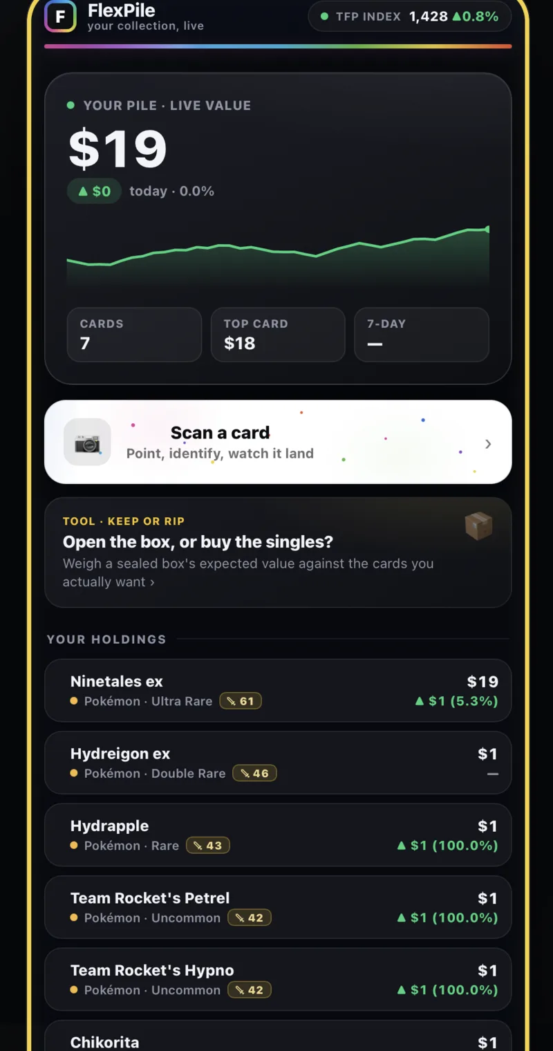 The Flex Pile mobile view showing live collection value, a value-over-time chart, card scanning, and individual card holdings with prices